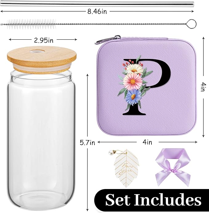 AYGXU Travel Jewelry Organizer,16oz glass cups with bamboo lids,aesthetic cups,coffee cups,Graduation Travel Essentials Small Jewelry Box,Personalized Jewelry Boxes for Women,Initial P purple