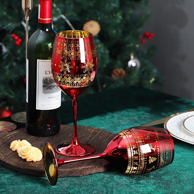 Joeyan Christmas Wine Glasses with Stem, 19.5 oz Large Burgundy Wine Glasses, Red Handmade Wine Glass Tumblers, Xmas Tree Elk and Snowflake Patterned, Set of 2, Great for Christmas and Gifts