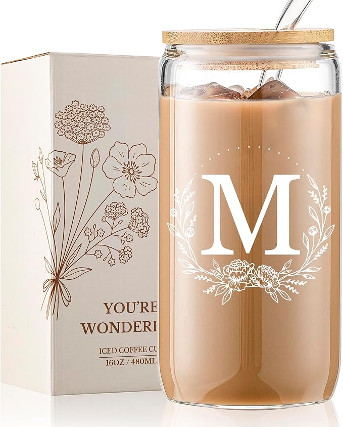 Personalized Wedding Bride to be Gifts for Women, Monogrammed 16oz Glass Cups with Bamboo Lids and Straws, Customized Glass Tumbler, Cute Custom Mug, Customizable Initial Iced Coffee Glasses, M