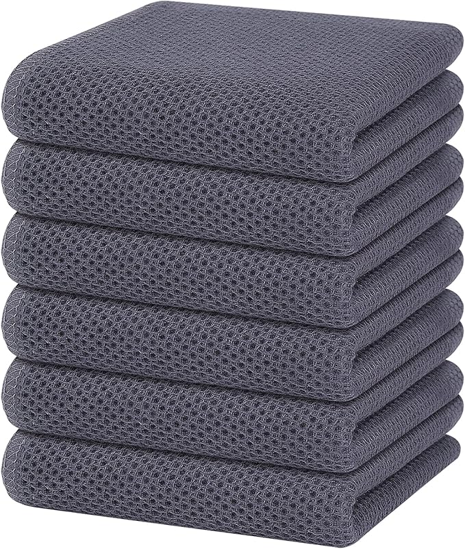 Homaxy 100% Cotton Waffle Weave Kitchen Dish Towels, Ultra Soft Absorbent Quick Drying Cleaning Towel, 13 x 28 Inches, 6-Pack, Dark Grey