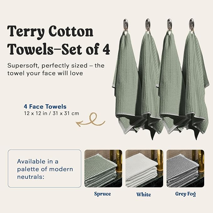 ONSEN Terry Cotton Waffle Face Towel Set – 4 Pack Luxury Cotton Face Towels, Quick Dry & Absorbent Washcloths – Soft, Lightweight, Durable Bathroom Towels for Everyday Use (Spruce, 12x12 in)