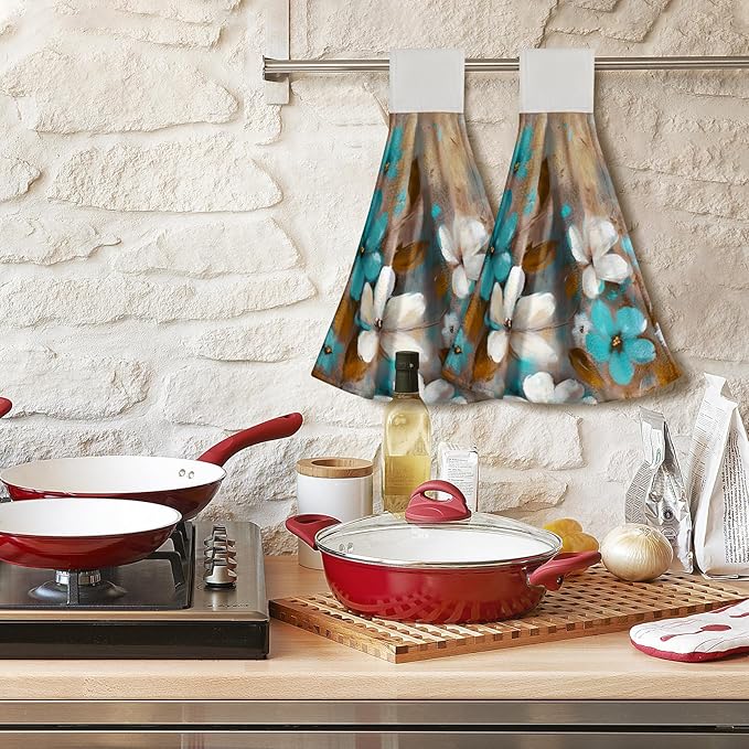 Giwawa Teal Floral Kitchen Hand Towels Abstract Canvas Hanging Tie Towel 2PCS Soft Dish Cloth Fingertip Towel for Bathroom Restroom Home Decor