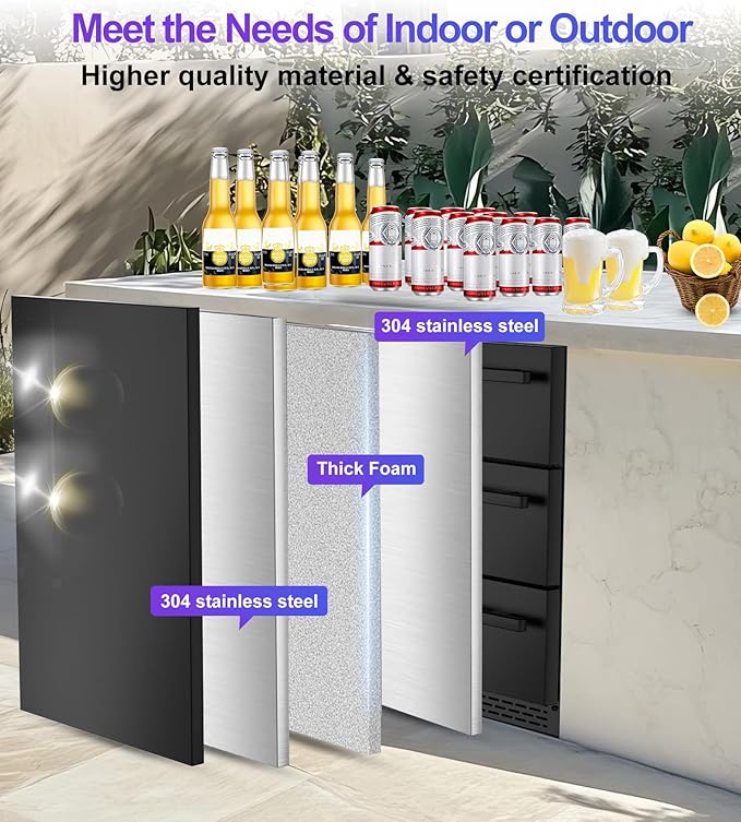 3-Tier Drawer Beverage Refrigerator, Hold 180 Cans 24 inch Undercounter & Built-in Beverage Fridge with Temperature Control, Waterproof Outdoor Freestanding Beverage Cooler for Home,Commercial Use