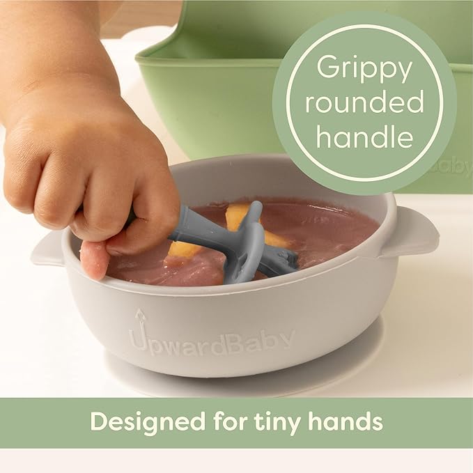 Upward Baby Spoons Self Feeding 6+ Months - 3 Pack, Chewable Toddler Utensils with Anti Choke Barrier, Baby Feeding Essentials, Baby Spoons 4 months, Silicone Spoons, Red White Blue