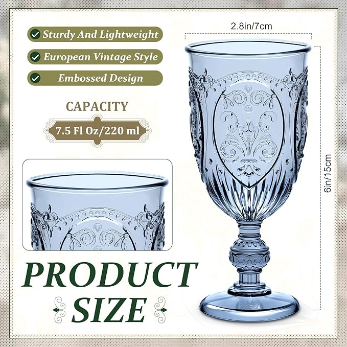 24 Pcs Plastic Goblets 7.5oz Vintage Goblet Plastic Wine Glasses Colored Retro Embossed Water Goblets for Wine Bar Juice Baby Shower Wedding Reception Grand Event Party (Blue)