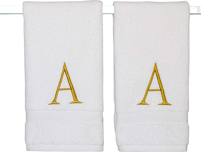 Monogrammed Hand Towels for Bathroom - Luxury Hotel Quality Personalized Initial Decorative Embroidered Bath Towel for Powder Room, Spa - GOTS Organic Certified - Set of 2 Gold Letter A