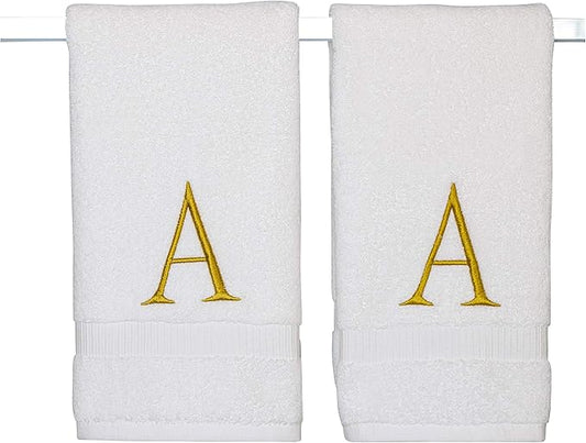 Monogrammed Hand Towels for Bathroom - Luxury Hotel Quality Personalized Initial Decorative Embroidered Bath Towel for Powder Room, Spa - GOTS Organic Certified - Set of 2 Gold Letter A