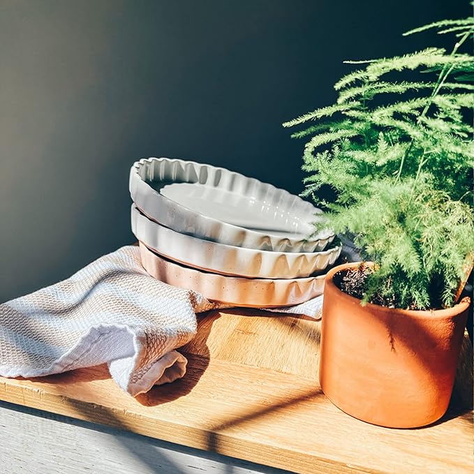 MORA Ceramic Tart Pan, 9.5 Inch Large Porcelain Baking Dish for Tarts, Quiche, Pie, Flan etc. Fluted Ruffled Edge, Oven, Microwave, Freezer, and Dishwasher safe - Great Gift For Bakers - Earl Grey