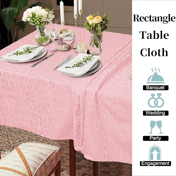 Pink Table Cloths for Parties, 1PC 60"x84" Rectangle Tablecloth (Seats 6-8) - Cotton Polyester, Wrinkle/Fade Resistant, Reusable & Washable, Luxury Table Cover for Wedding & Banquet, Bow Jacquard
