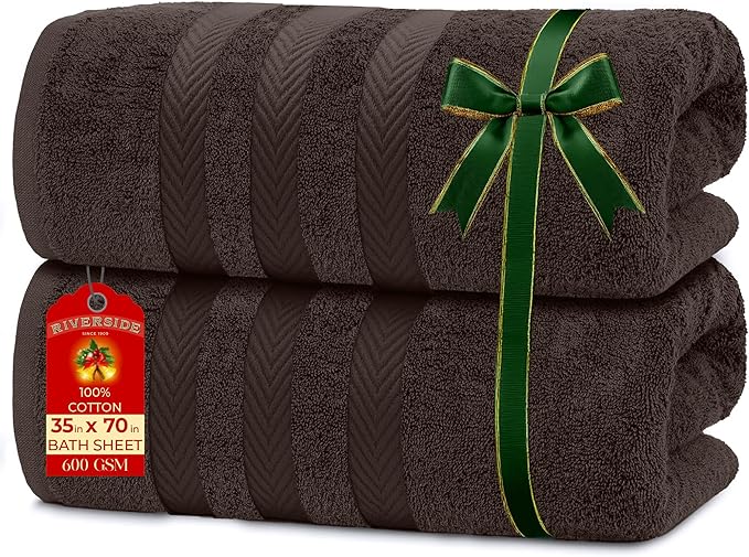 RIVERSIDE Pack of 2 Extra Large Bath Sheets 35 x 70 Inches - 100% Ring Spun Cotton Hotel Quality Oversized Bath Towels - Super Soft, Highly Absorbent & Quicker to Dry - Brown