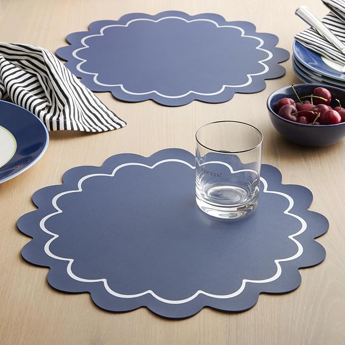Kate Spade New York Scallop Edge Round Reversible Placemats 6-Pack Set, Imitation Leather with Metallic Print, Water Resistant, Easy Wipe Clean, Navy/Silver, 15" Round