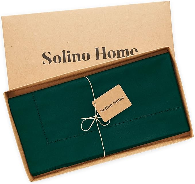 Solino Home Cotton Linen Tablecloth 52 x 52 Inch - Hemstitch Dark Green Square Tablecloth - Machine Washable Table Throw for Winter, New Year