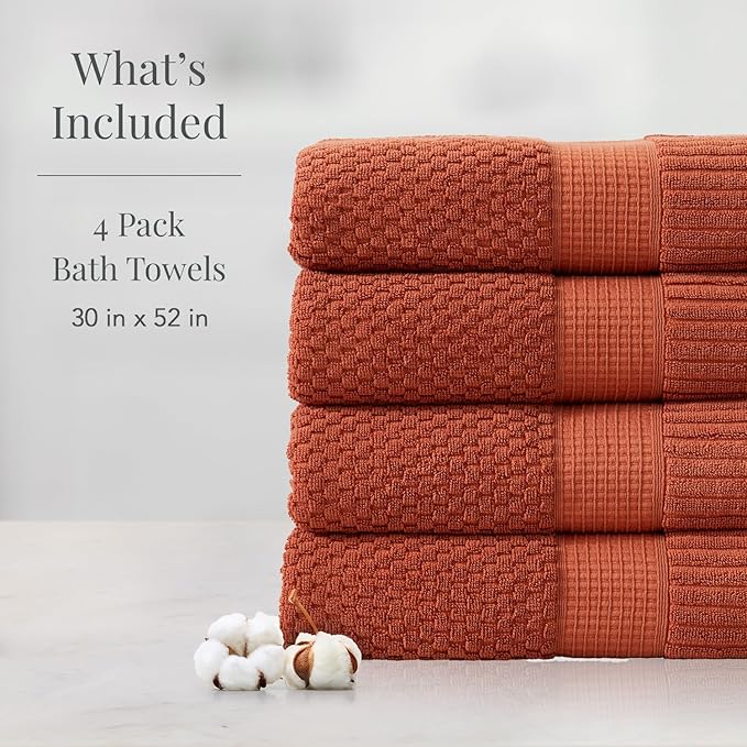 NY Loft 100% Cotton 4 Pack Bath Towel Set| Super Soft & Absorbent Quick-Dry Bath Towels 30" x 52" |Textured and Durable Cotton | Trinity Collection (4 Pack, Clay)