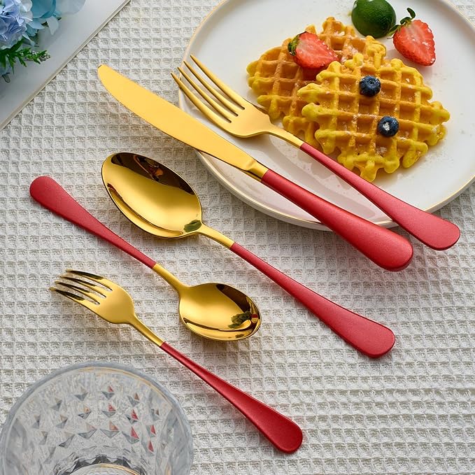 20 Piece Gold and Red 18/0 Flatware Utensil Set for 4, Include Dinner Knife,Dinner Forks,Dinner Spoons,Salad Forks,Teaspoons,Silverware Set for 4, Dishwasher Safe