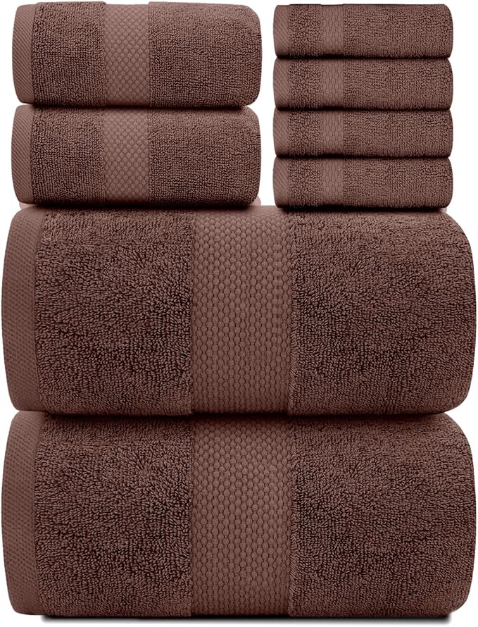 White Classic Luxury Bath Towel Set of 8 Pieces - 100% Turkish Cotton Highly Absorbent Towels for Bathroom, 2 Luxury Bath Towels 700GSM, 2 Hand Towels, 4 Washcloths, Brown