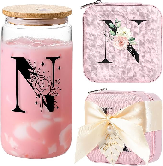 AYGXU Initial Glass Cups,Monogrammed Gifts, Small jewelry travel case,Travel Jewelry Box for Women Teen Girls,Travel Essentials,Cute Tumbler Cup with lid,Travel Jewelry Organizer,Initial pink N