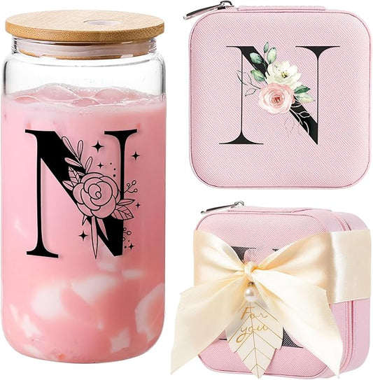 AYGXU Initial Glass Cups,Monogrammed Gifts, Small jewelry travel case,Travel Jewelry Box for Women Teen Girls,Travel Essentials,Cute Tumbler Cup with lid,Travel Jewelry Organizer,Initial pink N