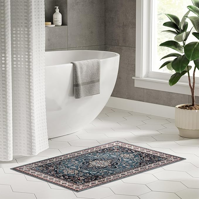 Easy-Going Area Rug 2x3 Washable Medallion Distressed Entryway Rugs Front Door Mat Indoor Entrance Non-Slip Vintage Retro Small Entry Rug for Bedroom Kitchen Bathroom Lightweight Carpet, Teal Brick