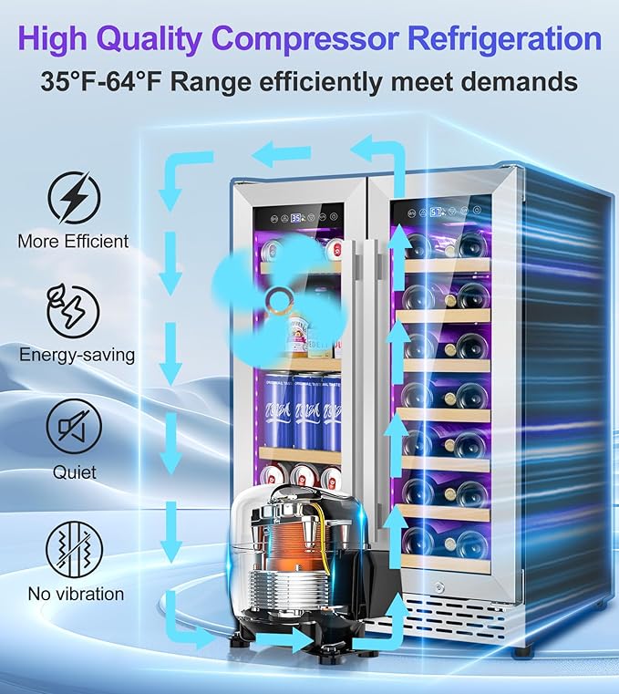 3 LED Wine and Beverage Refrigerator, 90 Can & 21 Bottle Dual Zone Stainless-Steel Wine Beverage Cooler, 24 Inch Built-In or Freestanding Wine and Drink Fridge Fast Cooling for Home/Kitchen