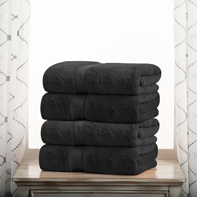 Superior Egyptian Cotton Pile Bath Towel Set of 4, Ultra Soft Luxury Towels, Thick Plush Essentials, Absorbent Heavyweight, Guest Bath, Hotel, Spa, Home Bathroom, Shower Basics, Black