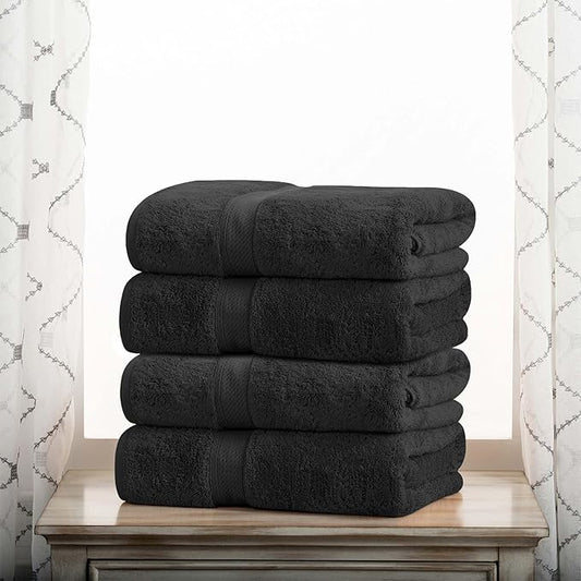 Superior Egyptian Cotton Pile Bath Towel Set of 4, Ultra Soft Luxury Towels, Thick Plush Essentials, Absorbent Heavyweight, Guest Bath, Hotel, Spa, Home Bathroom, Shower Basics, Black