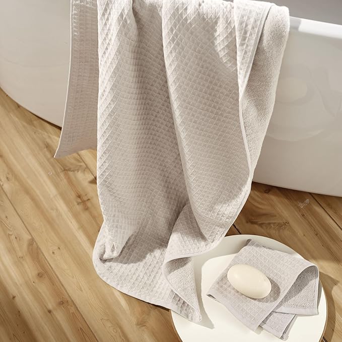 UCHINO Waffle Twist Cotton Weave Hand Towel for Bathroom Lightweight Absorbent Quick Dry Honeycomb Texture Solid Terry Loop Reverse 20" x 30", 1 Hand Towel, Linen