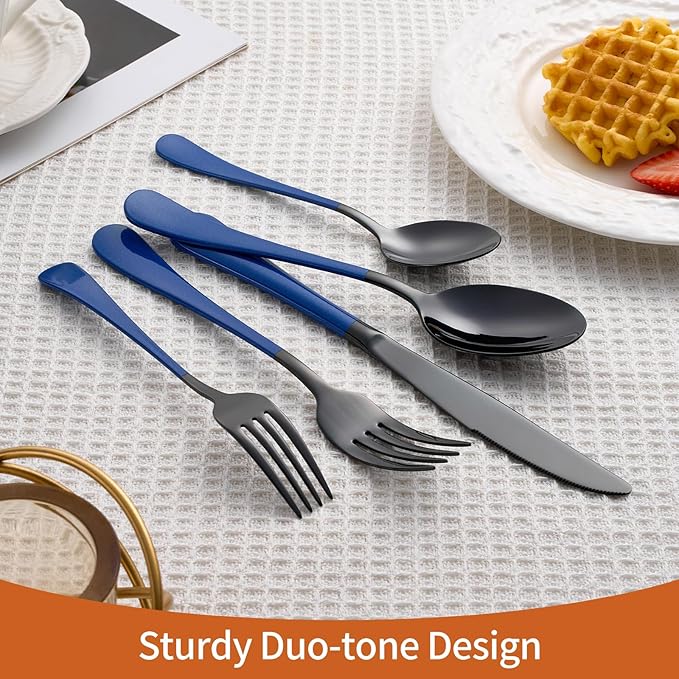20 Piece Black Blue 18/0 Flatware Utensil Set for 4, Include Dinner Knife,Dinner Forks,Dinner Spoons,Salad Forks,Teaspoons,Silverware Set for 4, Dishwasher Safe