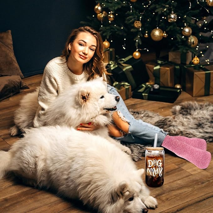 Mason Life Birthday Gift for Women, Gift for Her, Glass Cup and Sock for Dog Mom, Dog Mom Gifts for Women, Dogs Themed Gifts, 18oz Drinking Glasses with Bamboo Lid and Glass Straw