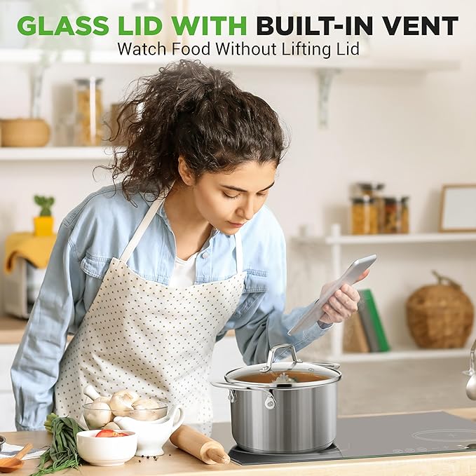 NutriChef 3-Quart Stainless Steel Pot with Glass Lid - 18/8 Food Grade Heavy Duty Cookware Stockpot for Stews, Simmering & Soups, Dishwasher Safe, For Induction, Gas & Ceramic Cooktops - NCSP3