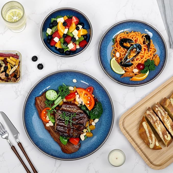 Plates and Bowls Sets for 6 - CJDC-QUELO 18-Piece Stoneware Dinnerware Sets, Ceramic Dishware Set for Indoor Kitchen Use and Formal Dining, Chip and Scratch Resistant Microwave Dishwasher Safe, Blue