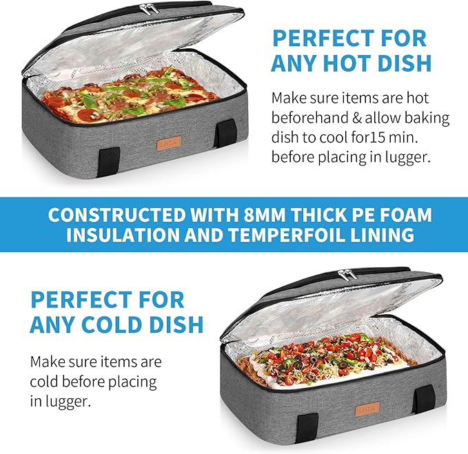 LHZK Double Decker Insulated Casserole Carrier for Hot or Cold Food, Expandable Hot Food Carrier, Lasagna Holder Tote for Potluck Parties, Picnic, Beach, Fits 11 x 15 or 9 x 13 Baking Dish (Grey)
