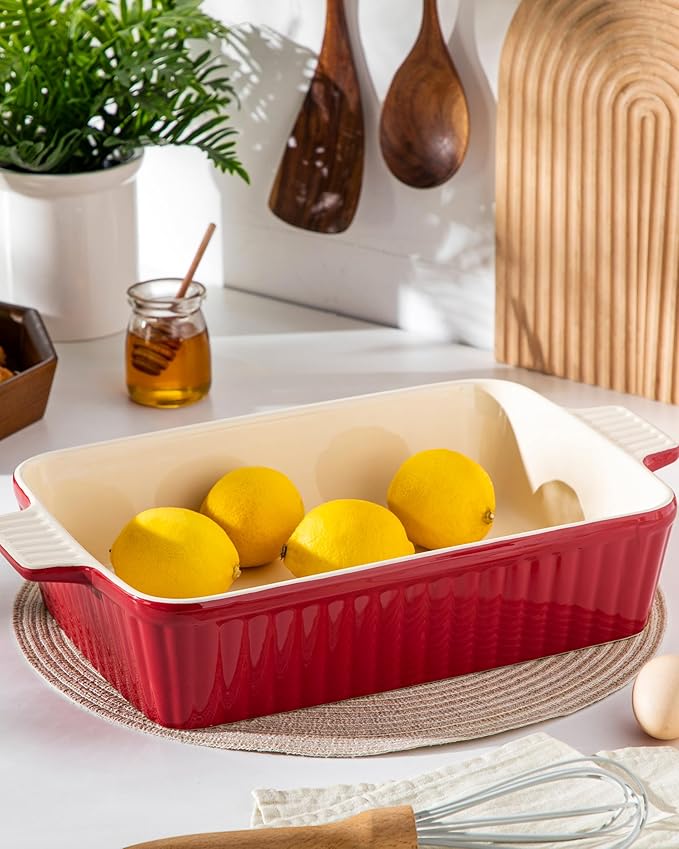 MALACASA 4.4 QT Baking Dish, 9x13 Large Casserole Dish for Oven, Ceramic Baking Pan, Rectangular Lasagna Pan Deep with Handles for Baking, Durable Microwave Oven Safe, Red, Series BAKE-BAKE