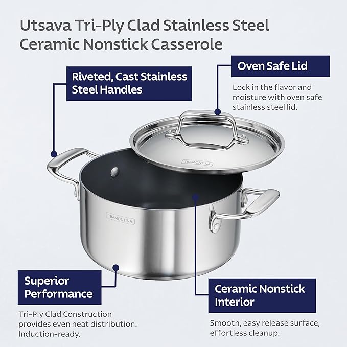 Tramontina Utsava Tri-Ply Clad Stainless Steel 3.25-Quart Casserole with Lid and Ceramic Non Stick Interior, Induction-Ready Small Dutch Oven Pot