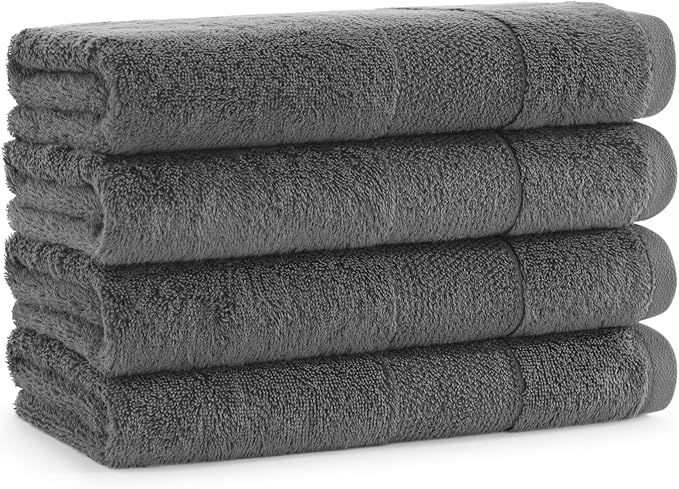 Aston & Arden Aegean Terry Hand Towels - Set of 4 - Ringspun Turkish Cotton Thick and Soft Absorbent Luxury Hotel and Spa Bathroom Towel, 600 GSM, 18 x 32 in, Dark Grey