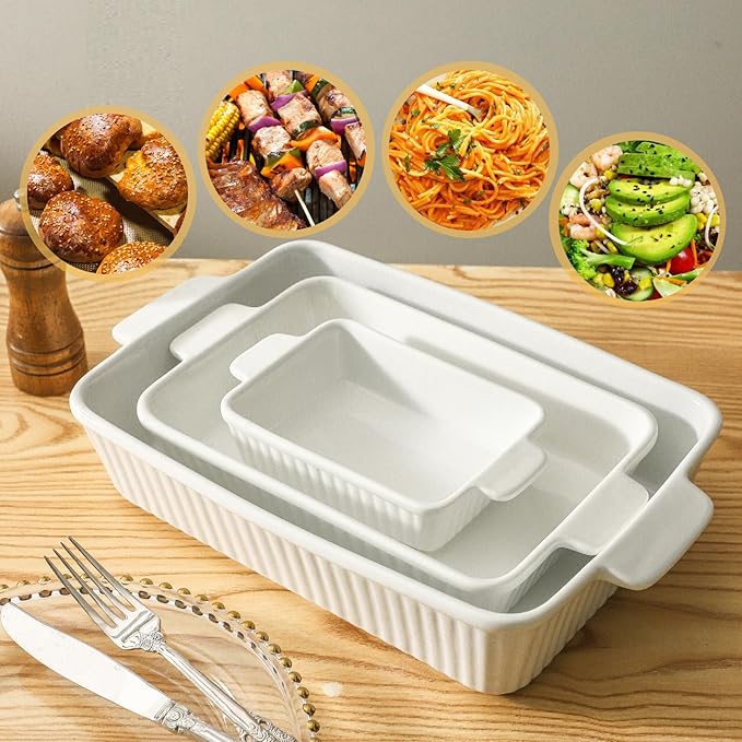 Hasense Rectangular Casserole Dishes for Oven, Ceramic Baking Dish, Baking Pans Set of 3, Lasagna Pan with Handle, Microwave & Dishwasher Safe, Wedding Mother's Day Gift, White(15"/12.2''/8.3'')
