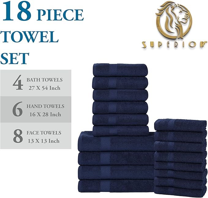 Superior 18-Piece Cotton Assorted Towel Set, Includes 8 Face/Washcloths, 6 Hand, and 4 Bath Towels, Lightweight Essentials, for Home, Gym, Bathroom, Quick Drying, Franklin Collection, Navy Blue