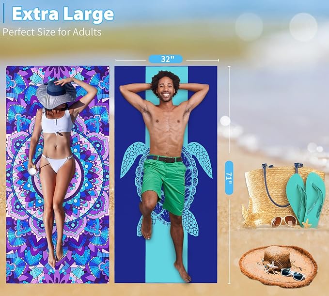 4 Pack Microfiber Thin Lightweight Beach Towel Oversized 71x32 Extra Large Sand Free Towels for Travel Swim Pool Yoga Gym Camping for Adults Women Men Beach Essentials Accessories Vacation Gift