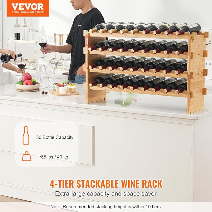VEVOR 36 Bottle Stackable Modular Wine Rack, 4-Tier Solid Bamboo Wood Storage Racks, Floor Freestanding Wines Holder Display Shelf, Wobble-Free Shelves for Kitchen, Bar, and Cellar (Natural Color)