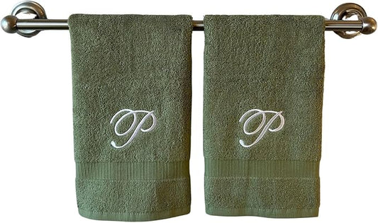 Sage Monogrammed Hand Towels for Bathroom - Luxury Hotel Quality Personalized Initial Embroidered Towel for Powder Room, Spa - GOTS Organic Certified - Set of 2 White Letter P