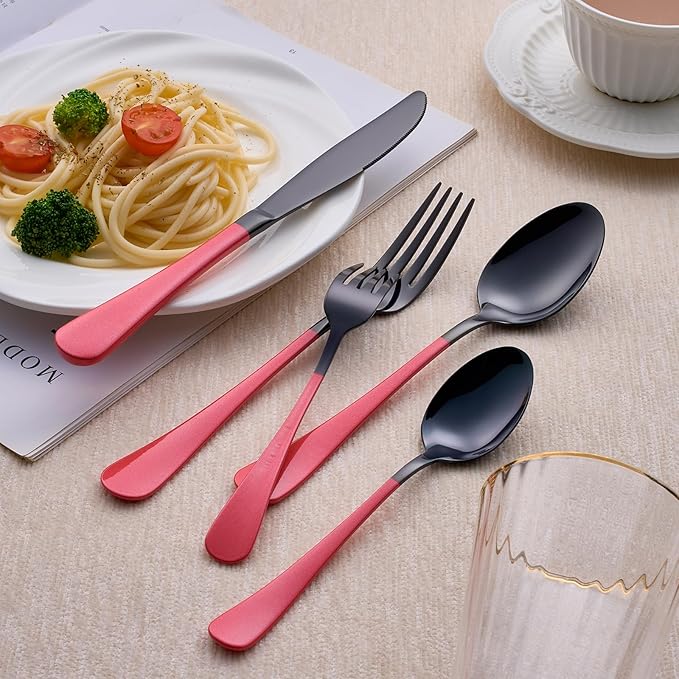 20-Piece Black Silverware Set 18/0 Stainless Steel Silverware Set Pink Handle Cutlery Set Service for 4 Dinner Knives Forks Spoons Set Flatware Set Finish Dishwasher Safe（Black and Pink）