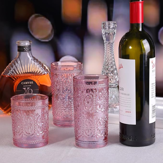 Pink Glassware set of 4, Vintage Drinking Glasses, 10oz Pink Heavy Duty Glass Cups, Old Fashioned Glass, Embossed Glasses Set for Party Wedding Home Office Glassesware Gift