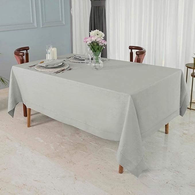 D'Moksha Homes Silver Grey Linen Tablecloth for Rectangle Tables 60 x 90 Inch - 100% Pure Linen Grey Table Cloth - Classic Hemstitch, Machine Washable Tablecloth for Holiday, New Year