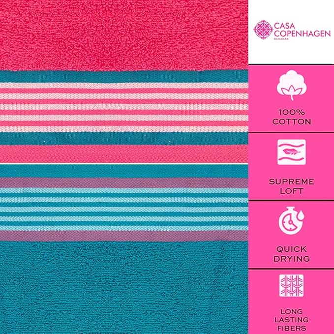 CASA COPENHAGEN He & She 6 Pieces Towel Set- Teal + Pink, 550 GSM 2 Bath Towel 2 Hand Towel 2 Washcloth, Designed in Denmark Made of Soft Egyptian Cotton for Bathroom, Kitchen & Shower