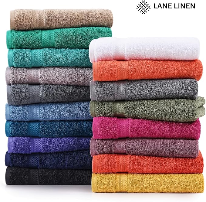 LANE LINEN 100% Cotton Bath Towels Set - 24 PCs - Durable, Quick Dry, Soft & Highly Absorbent - 4 Bath, 4 Fingertip, 6 Hand Towel, 8 Washcloths, 2 Bath Sheets - Remains Fluffy After Washing - Mimosa