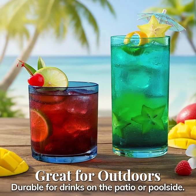 US Acrylic Classic Plastic Reusable Drinking Glasses (Set of 8) 12oz Rocks & 16oz Water Cups in Coastal Colors | BPA-Free Tumblers, Made in USA | Top-Rack Dishwasher Safe