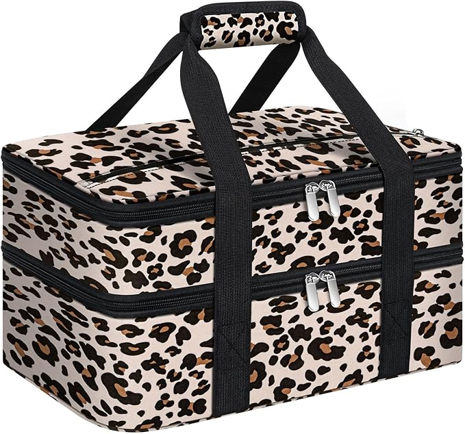 Double Insulated Casserole Carrier, Portable Casserole Carrier for Hot or Cold Food Lunch Tote Warmer or Cooler Bag, Lasagna Lunch Bag for Potluck Parties- Fits 9" x 13" Baking Dish-Leopard