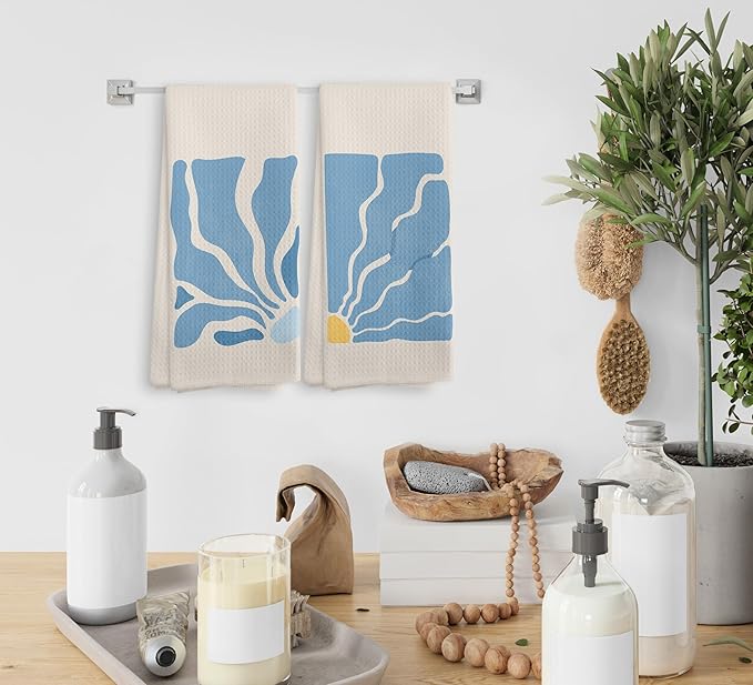 Beige Bohemian Flower Kitchen Towels and Dishcloths Set of 2, Abstract Flower Decorative Hand Towels, Blue Dorm Decor, Blue Botanical Drying Cloth Towels for Preppy Bathroom, 1624 Inches