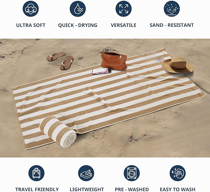 LANE LINEN 100% Cotton Beach Towel - Pack of 2, Cabana Stripe Pool Towels, Oversized Beach Towels for Adults (30" x 60”), Super Absorbent, Large Beach Towels, Quick Dry Towel - Biege
