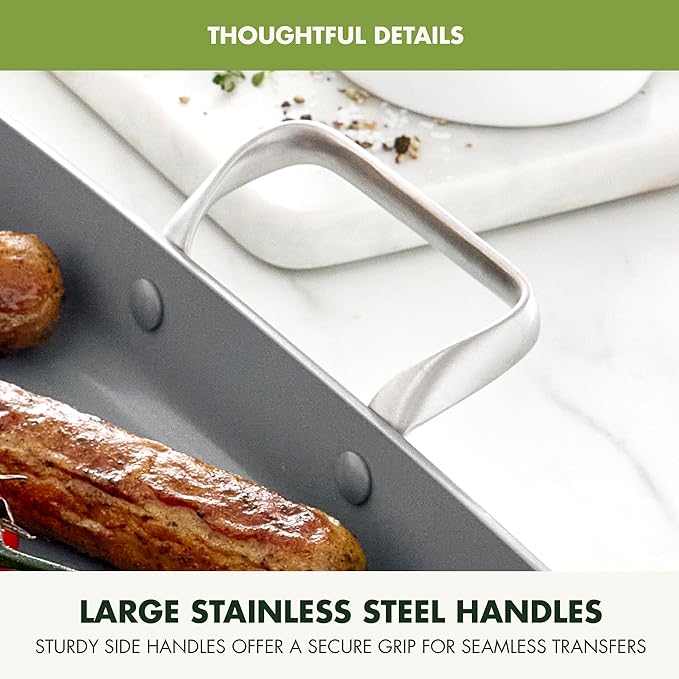 GreenPan Valencia Pro 18" x 11" Double Burner Griddle Pan, Induction Suitable, Ceramic Nonstick PFAS-Free, Rectangular Stovetop Cookware, Stainless Steel Handles, Dishwasher, Oven & Broiler Safe, Gray