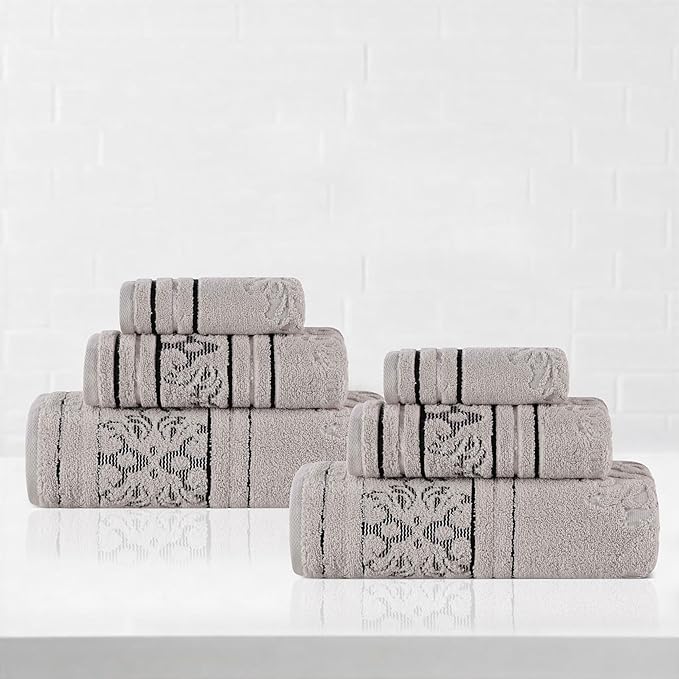 Superior Cotton 6 Piece Towel Set, 2 Bath, 2 Hand, 2 Washcloth/Face Towels, Quick Dry, Home Essentials, Shower, Spa, Luxury Plush Soft Absorbent Towels, Zero-Twist, Jacquard Floral, Platinum